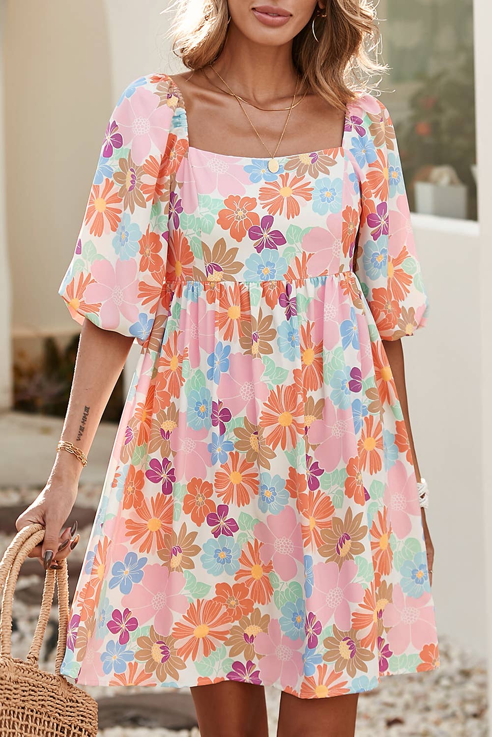 Pink Summer Floral Square Neck Puff Sleeve Babydoll Dress