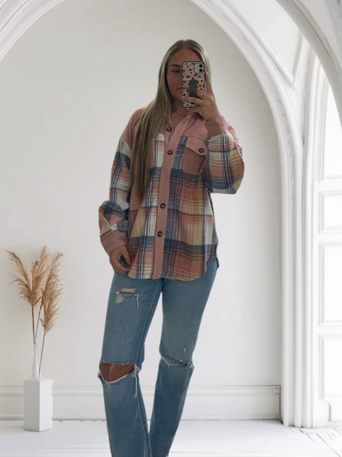 Corduroy Plaid Shacket | Pink