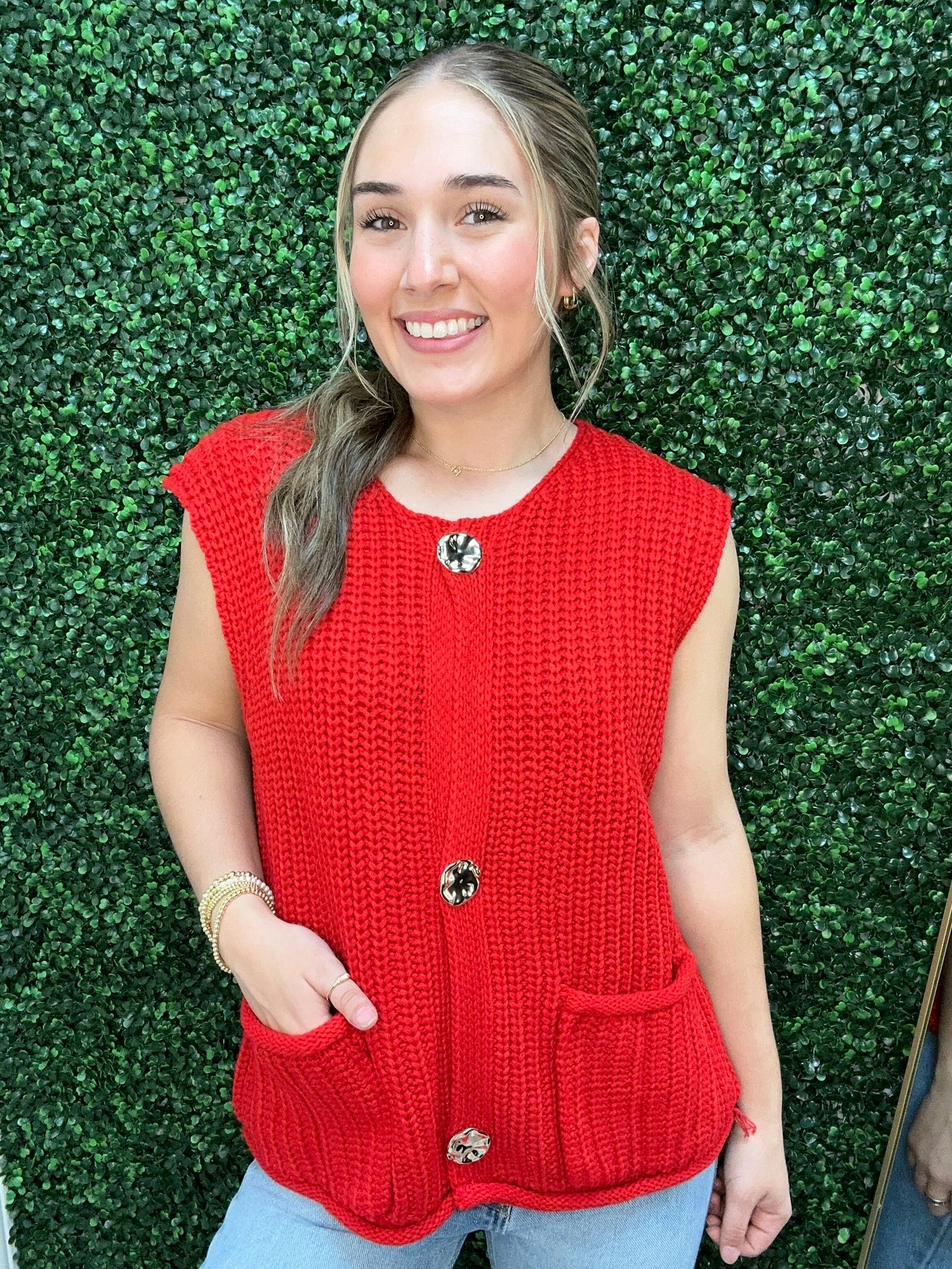 The Flirt-Button Down Sweater Vest | Fiery Red