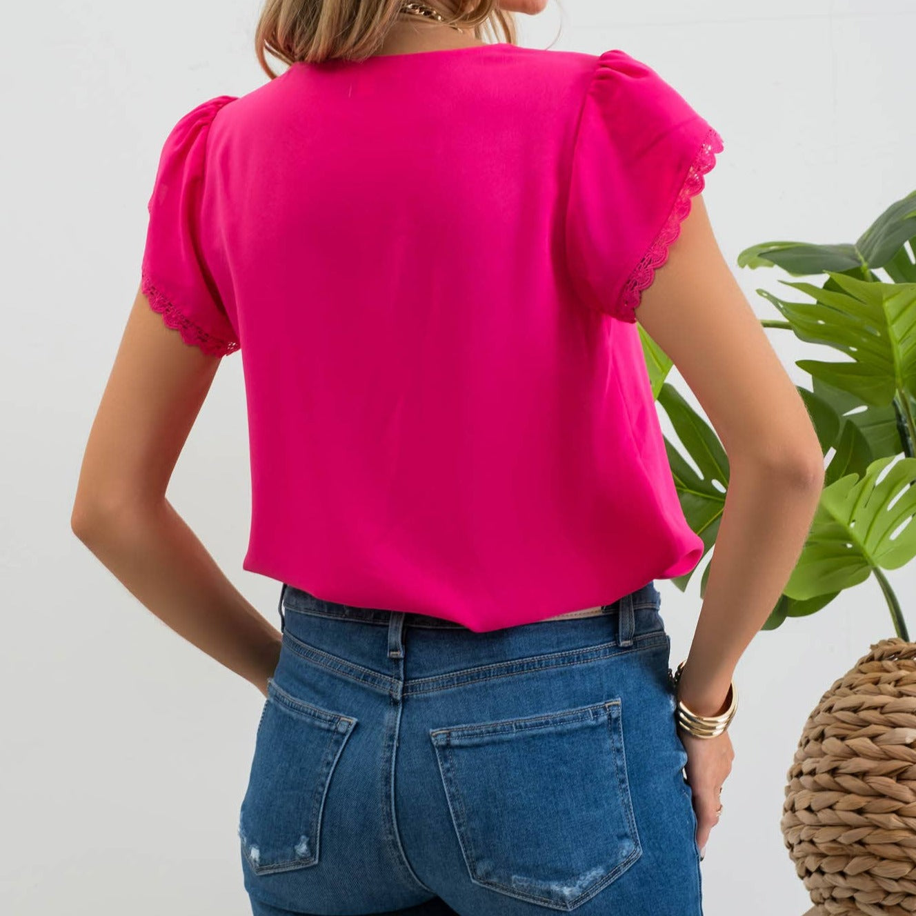 V Neck Scallop Lace Trim Tulip Sleeve Blouse