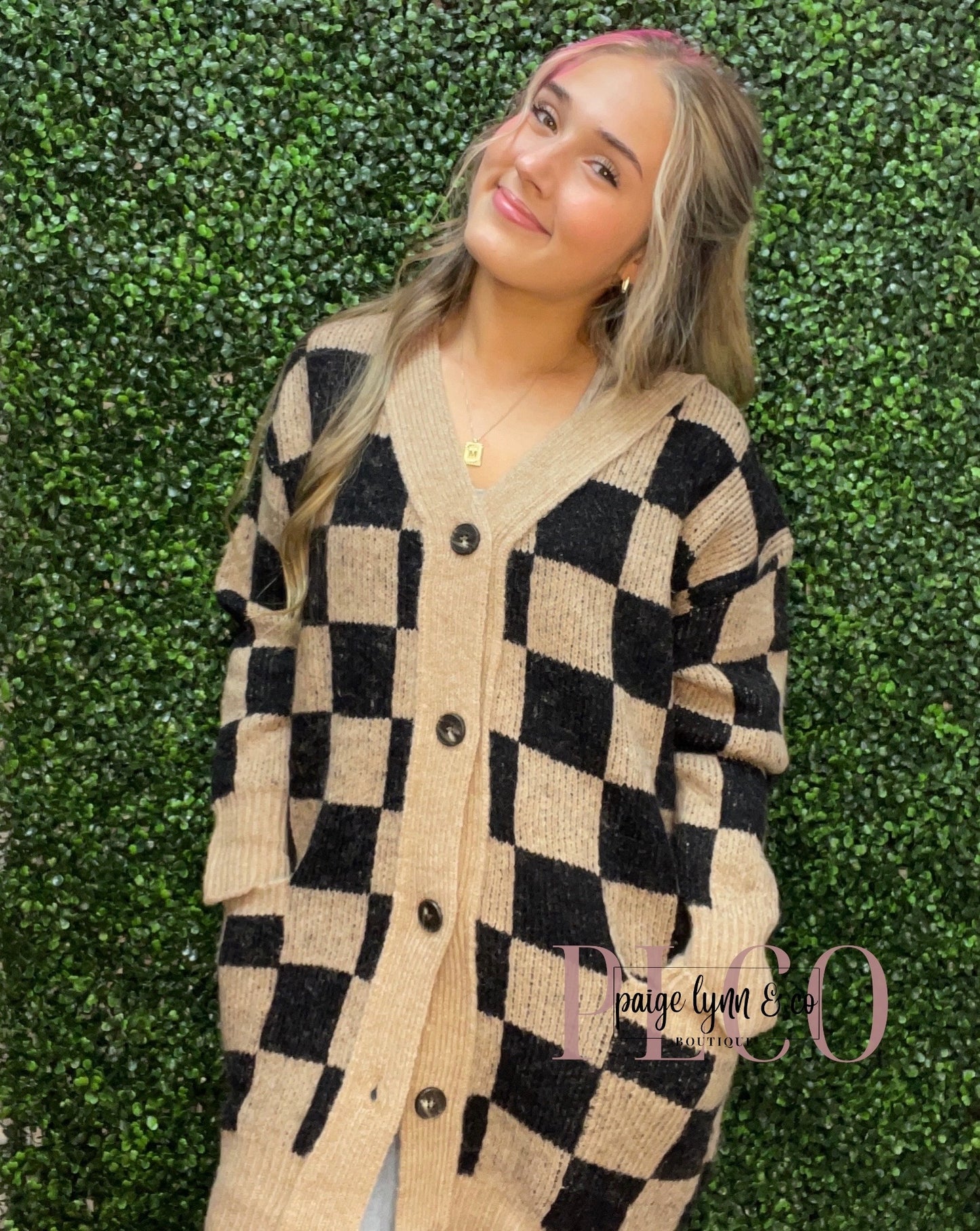 Checkered Cardigan Sweater - Taupe/Black