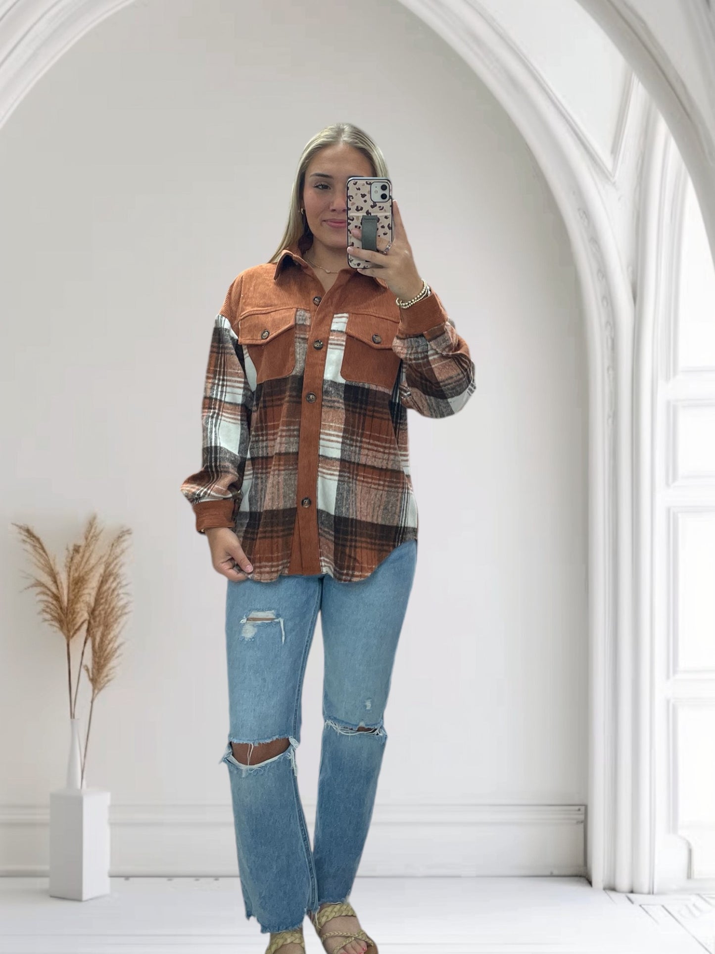 Corduroy Plaid Shacket | Brown