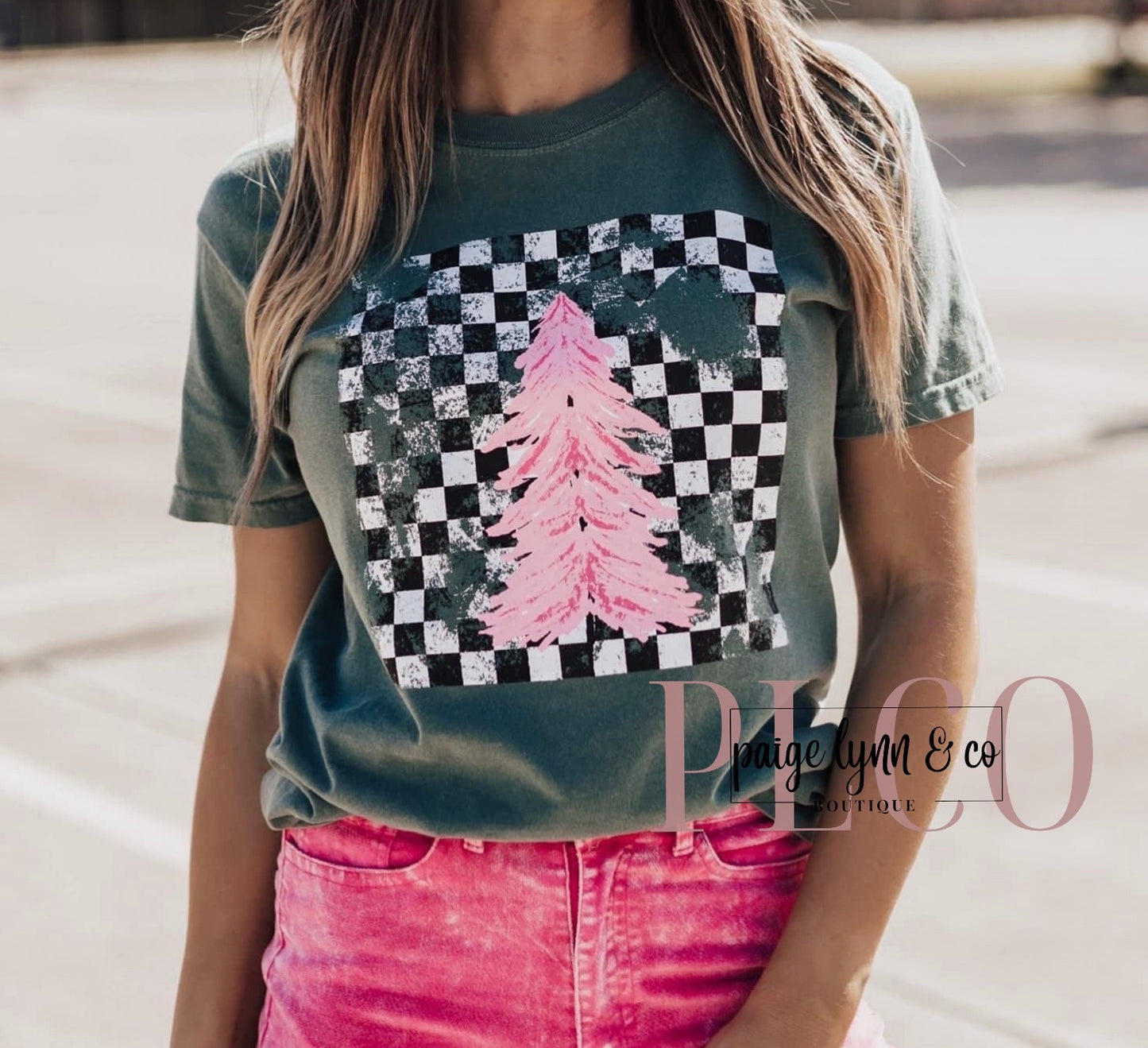 Checkered Pink Tree Tee