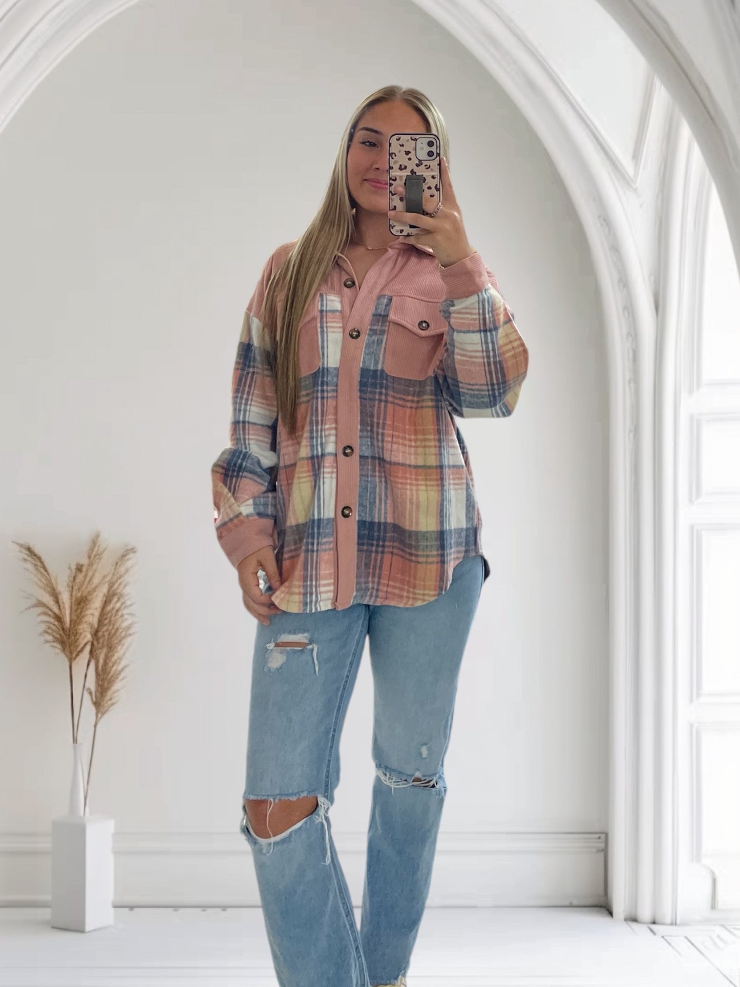 Corduroy Plaid Shacket | Pink
