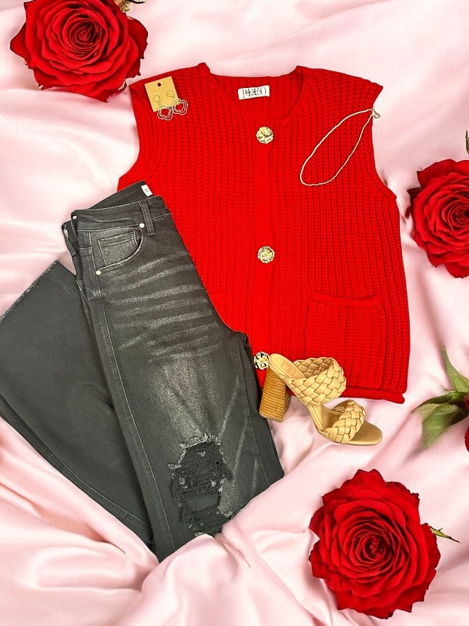 The Flirt-Button Down Sweater Vest | Fiery Red