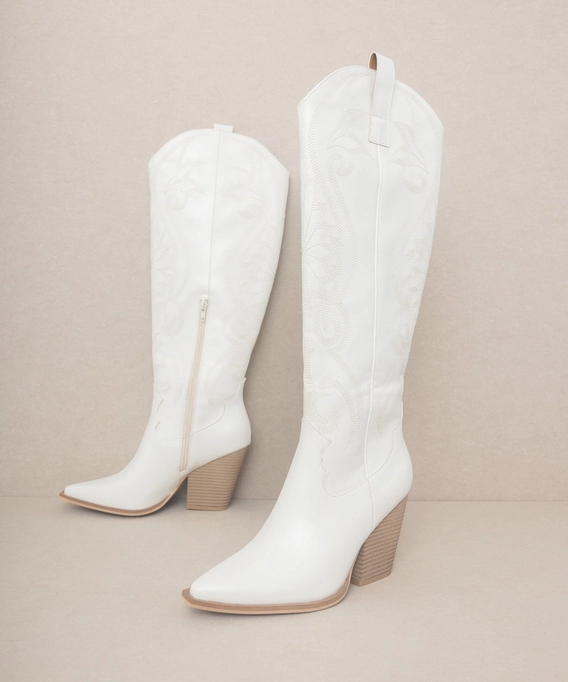 The Astrid White | Knee High Embroidered Cowboy Boot