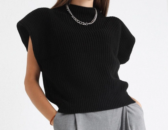 Solid High Neck Sleeveless Sweater - Black