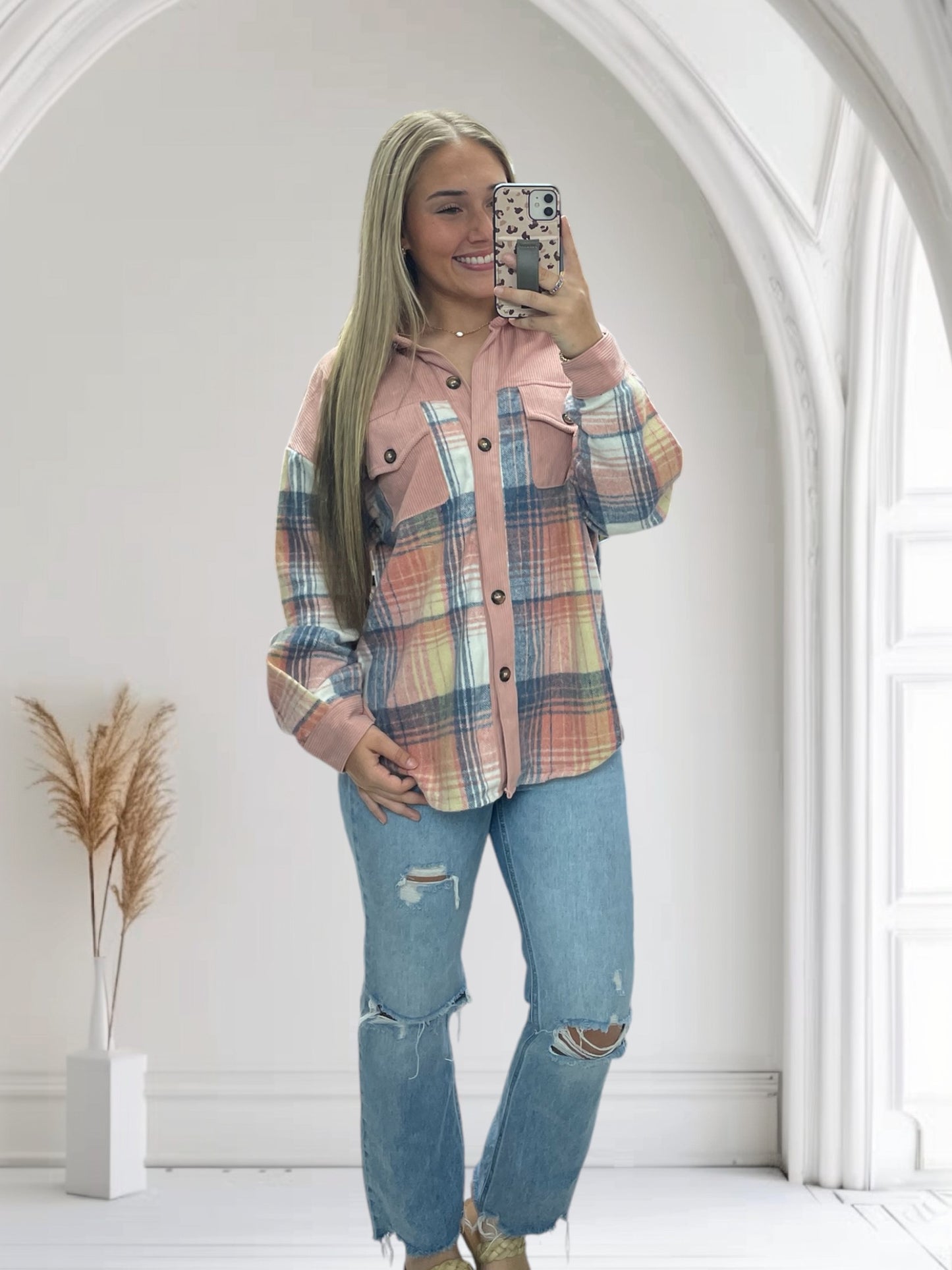 Corduroy Plaid Shacket | Pink