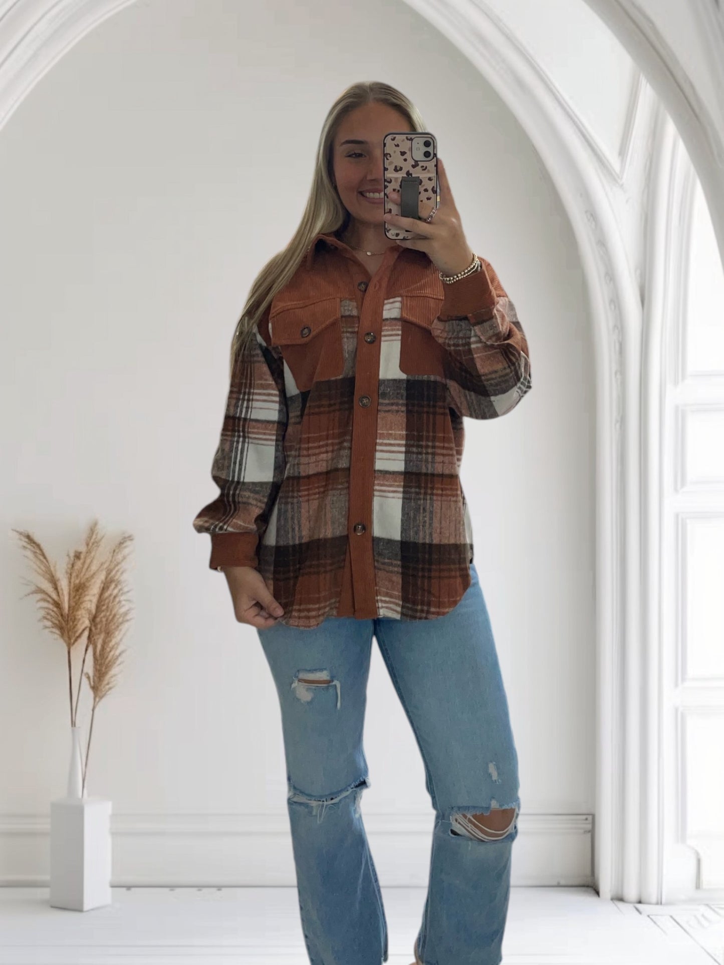 Corduroy Plaid Shacket | Brown