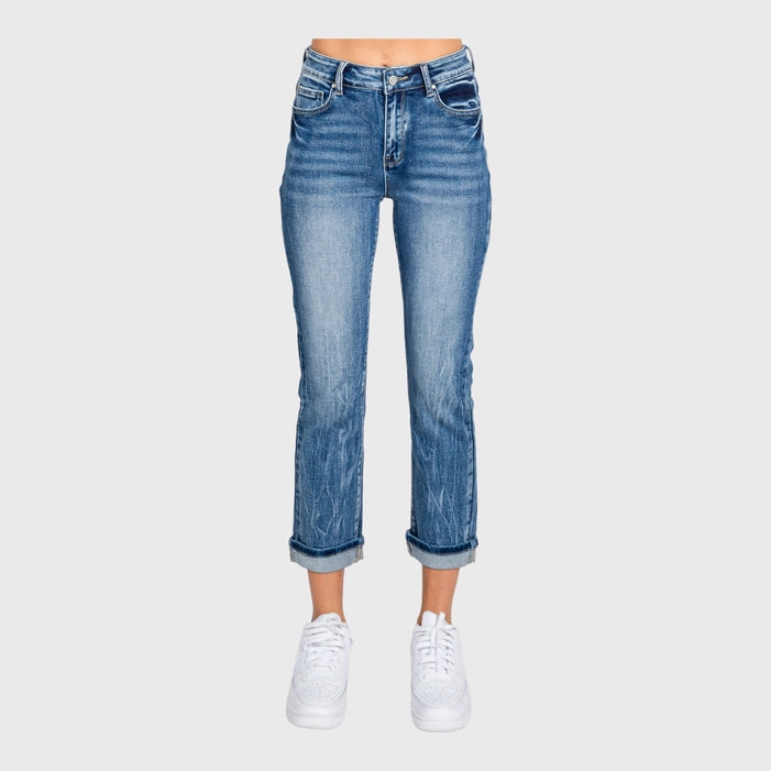 Petra153 High Rise Stretch Straight Jeans with Cuffed Hem