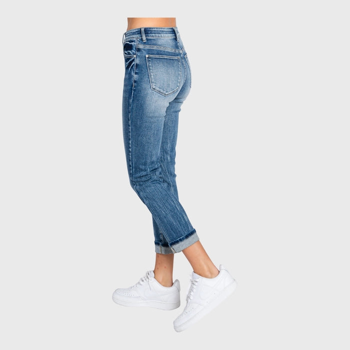 Petra153 High Rise Stretch Straight Jeans with Cuffed Hem