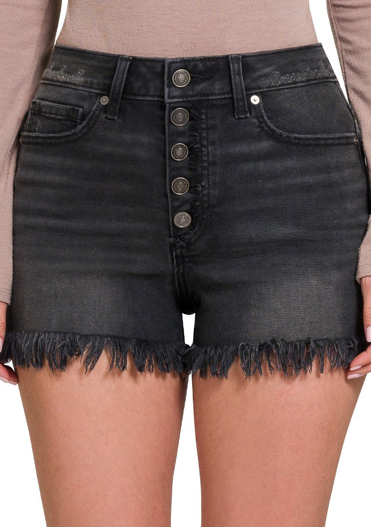 Frayed Hem Button Fly Shorts-Black Washed