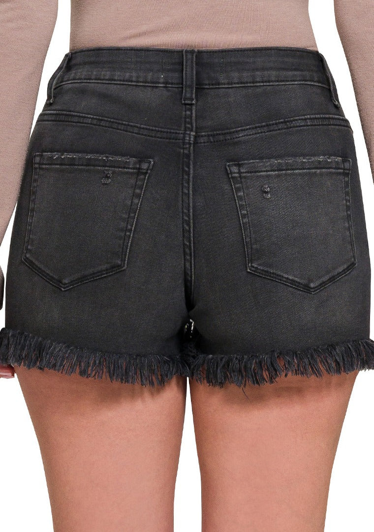 Frayed Hem Button Fly Shorts-Black Washed