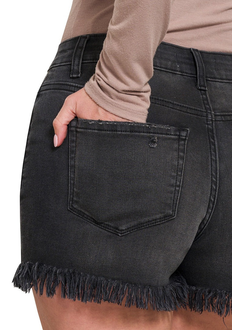 Frayed Hem Button Fly Shorts-Black Washed