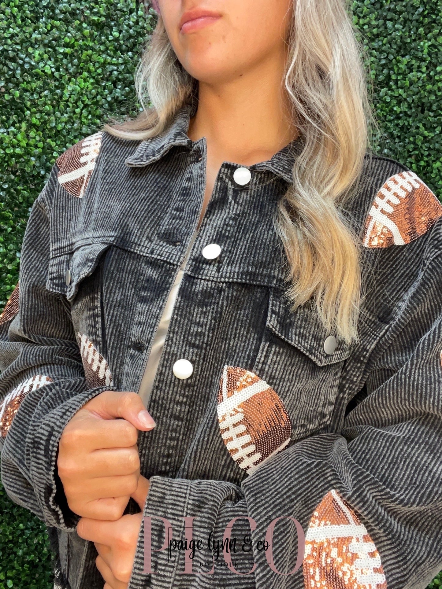 Corduroy Sequin Football Jacket - Black