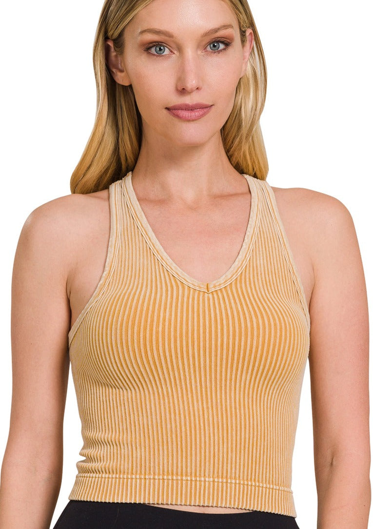 Ribbed Cropped Racerback V-Neck Tank-Washed Golden