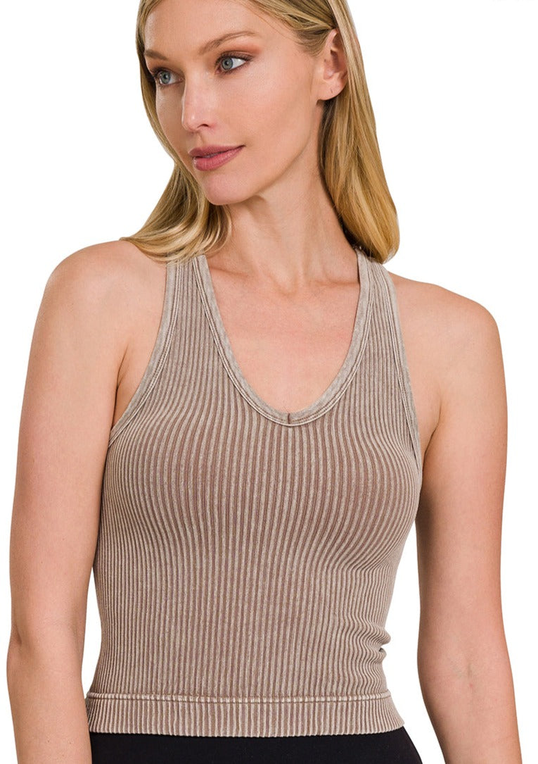Ribbed Cropped Racerback V-Neck Tank-Washed Mocha