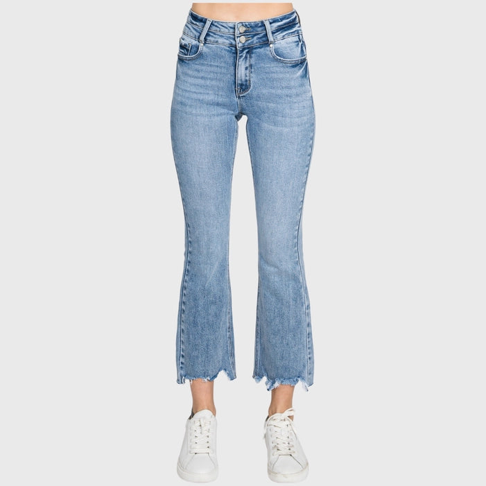 Petra153 High Rise Crop Bootcut Jeans with Frayed Hem
