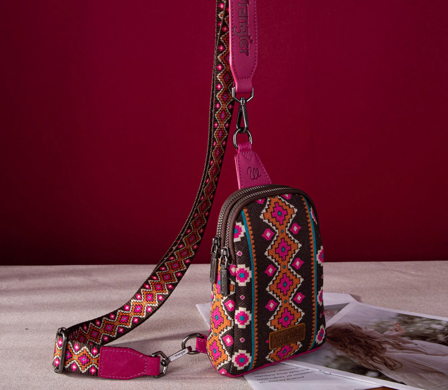 Wrangler Aztec Print Crossbody Sling Chest Bag - Hot Pink