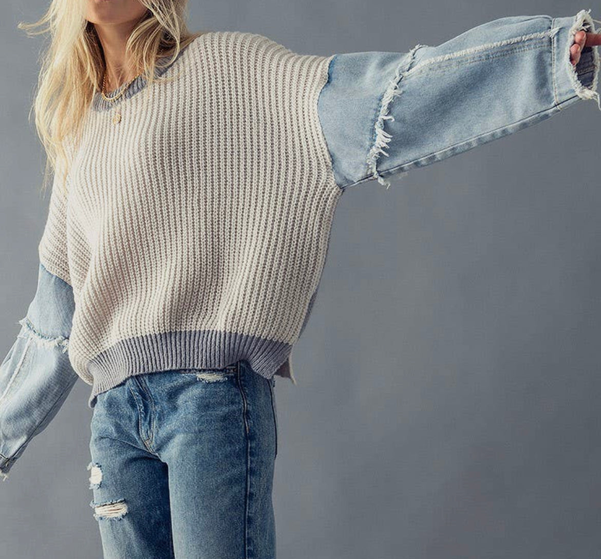 Denim Sleeve Drop Shoulder Knit Sweater - Grey