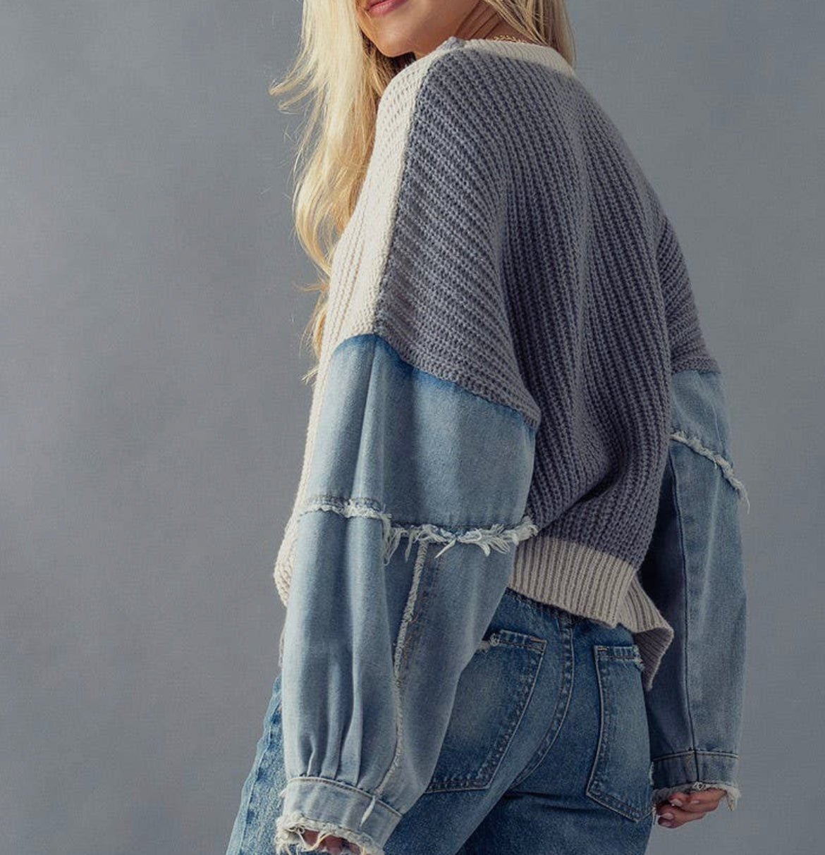 Denim Sleeve Drop Shoulder Knit Sweater - Grey
