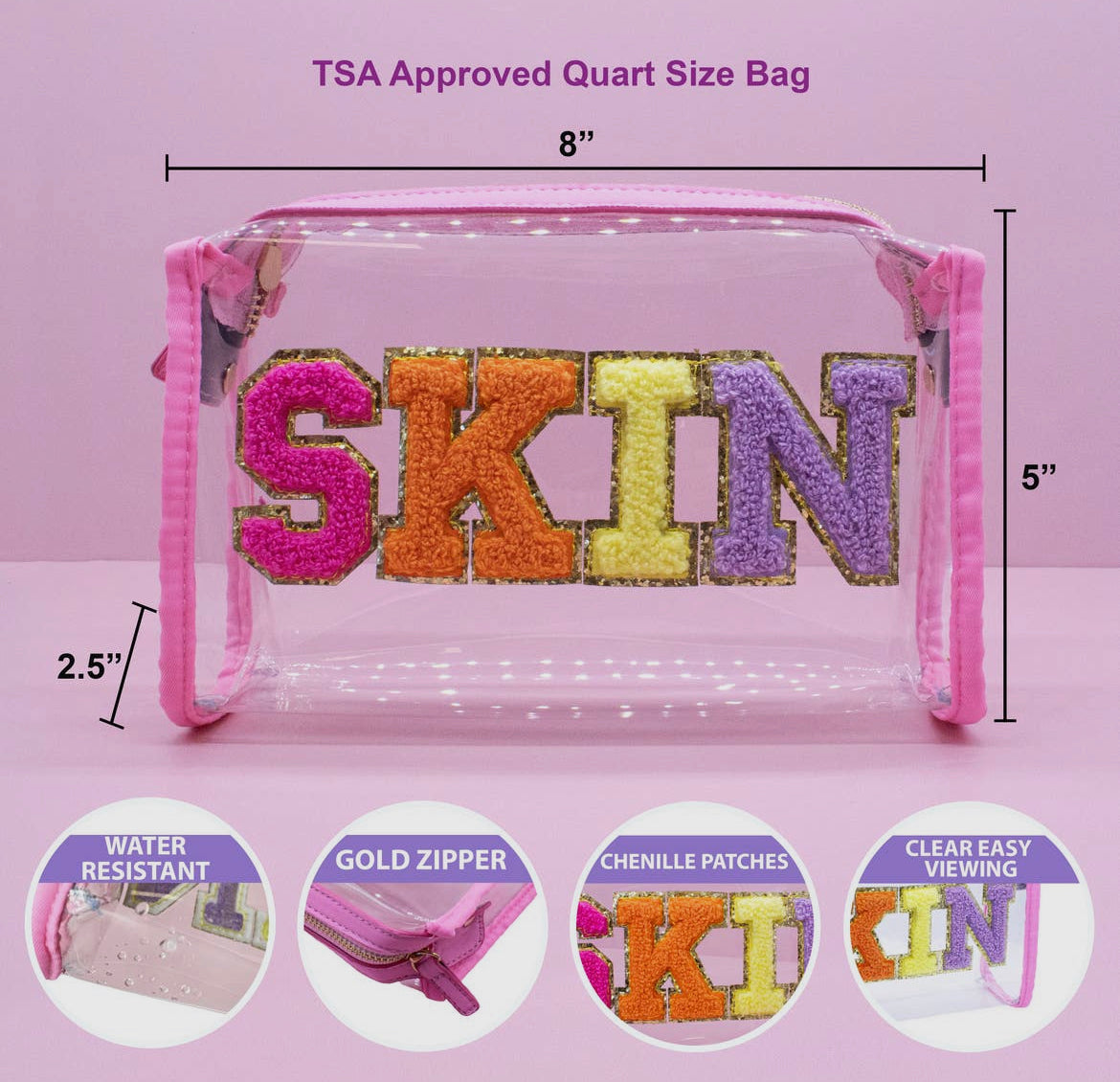 Clear Chenille Letter Travel Pouch - Skin