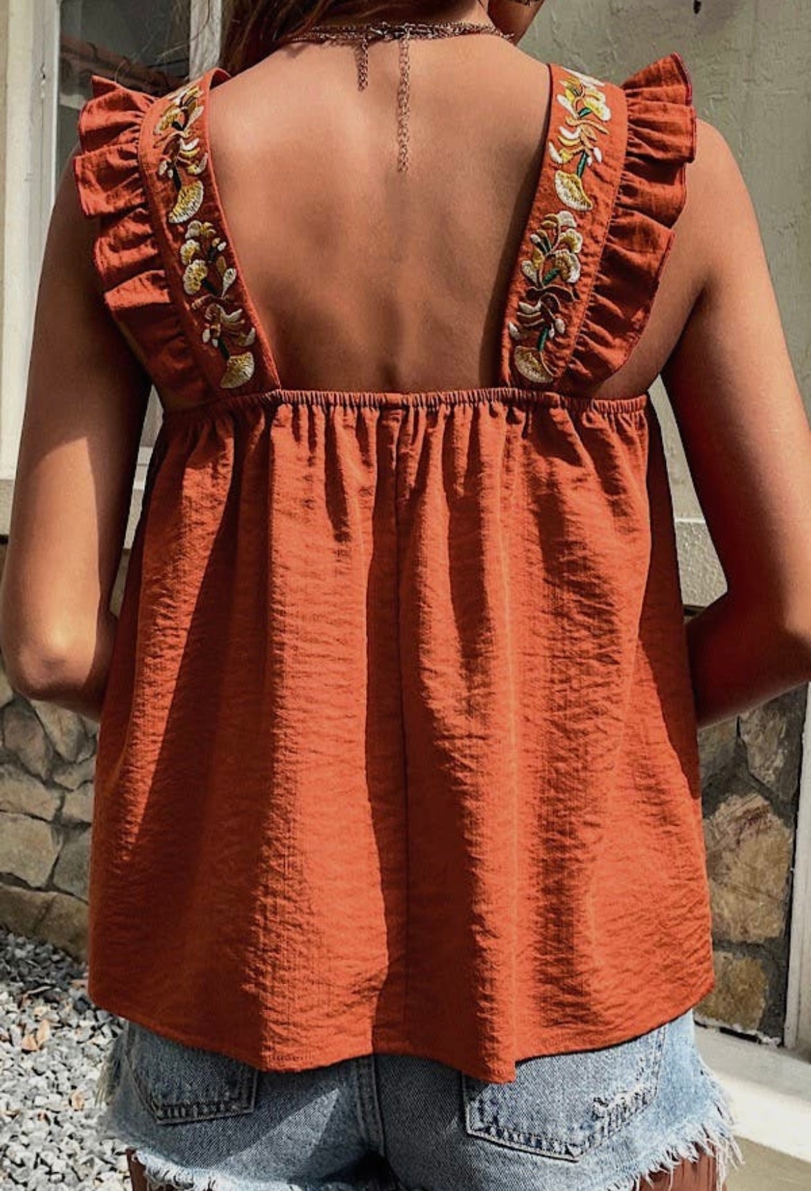 Embroidered Ruffle Sleeve Tank - Rust