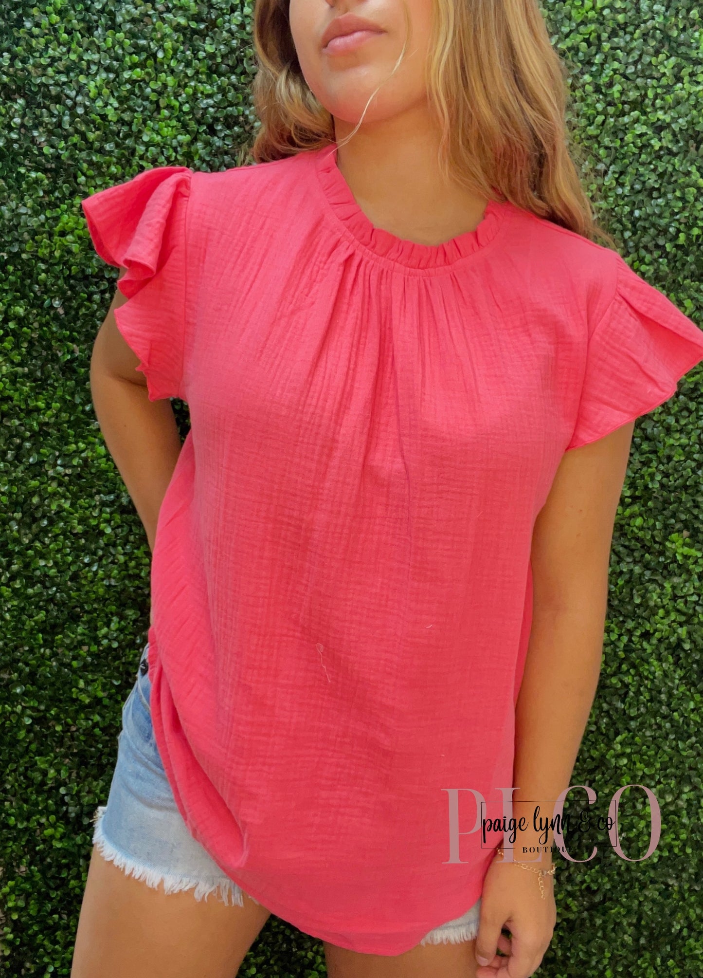Flutter Sleeve Frilled Neck Textured Blouse-Pink
