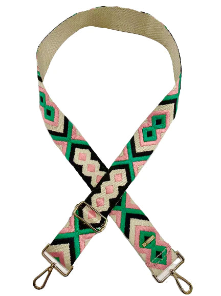 Boho Guitar Purse Strap - Pink + Black