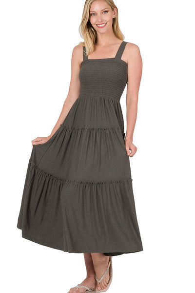 Smock Tiered Midi Dress-Ash Grey