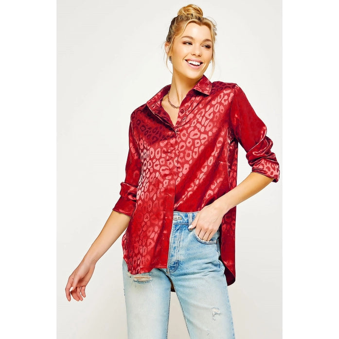 Dark Red Satin Leopard Print Button Down Top