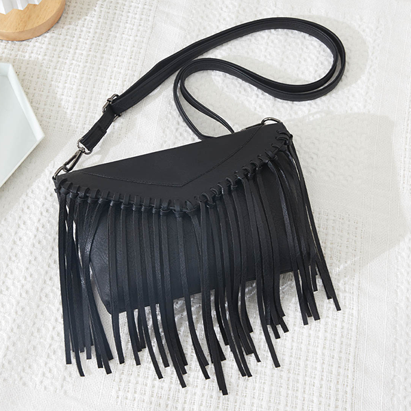 Black fringe top crossbody purse