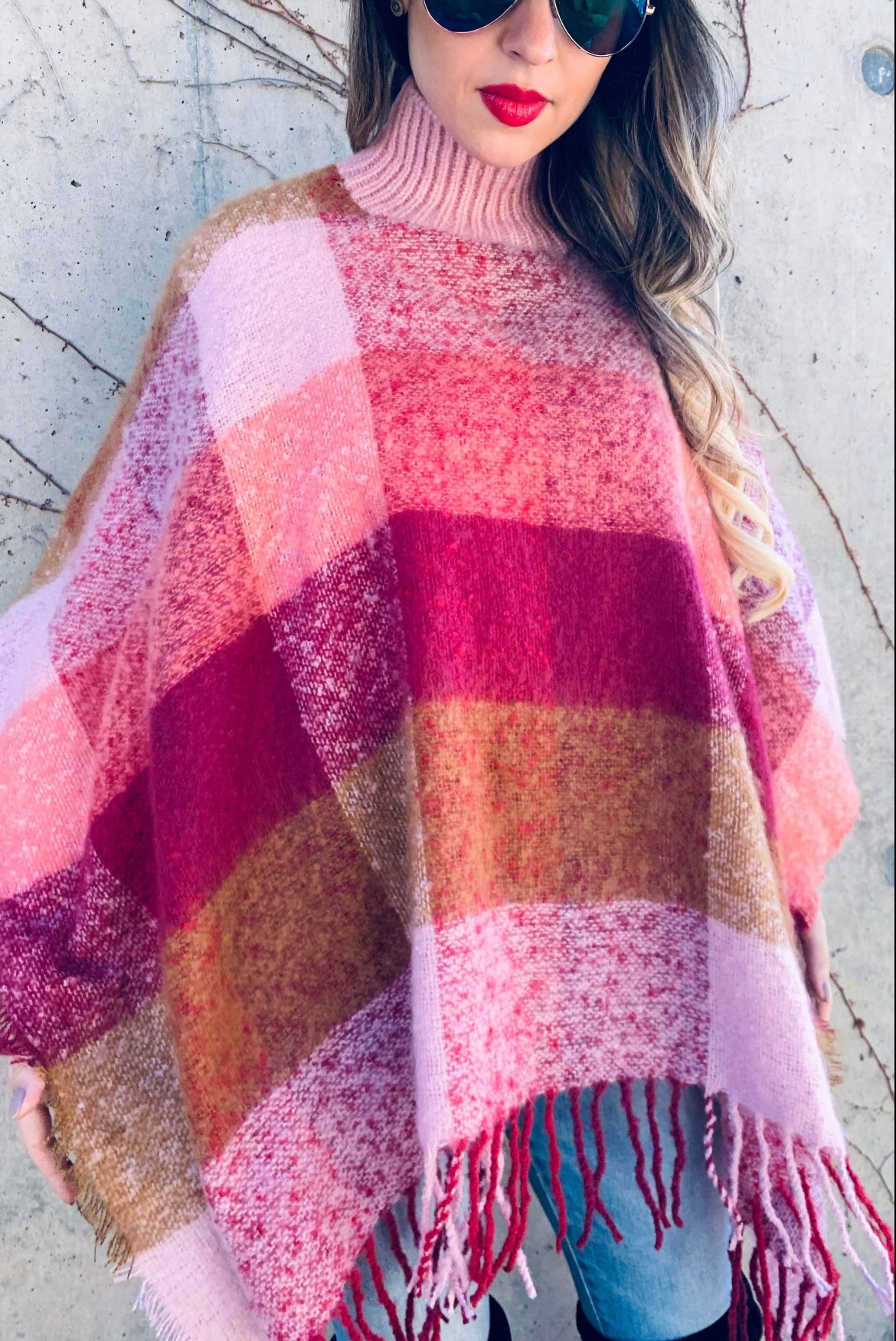 Pink Multi Plaid Printed Turtleneck Top