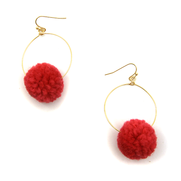 Pink Pom Pom Hoop Dangle Earrings