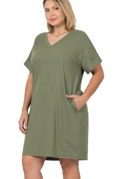 Light Olive Rolled Short Sleeve V-Neck Dress with Pockets
