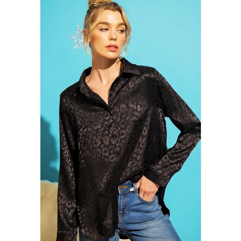 Black Satin Leopard Print Button Down Top