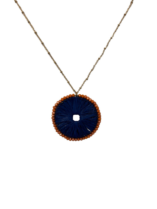 Navy Blue Straw and Orange Bead Necklace