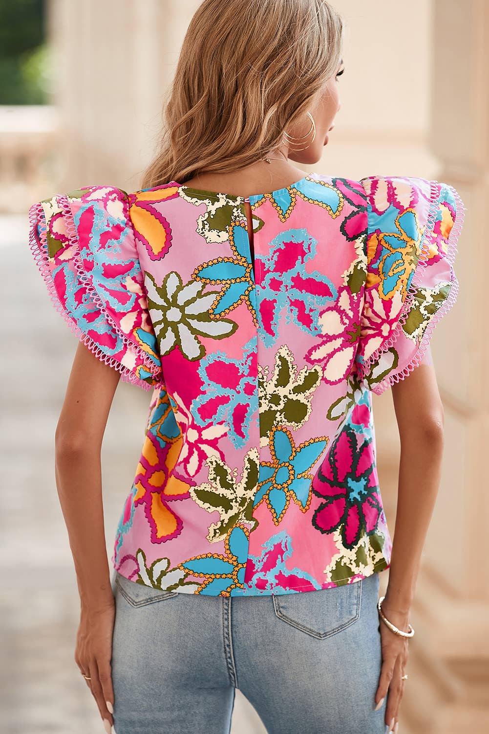 Multicolor Vibrant Floral Print Trimmed Ruffle Sleeve Blouse