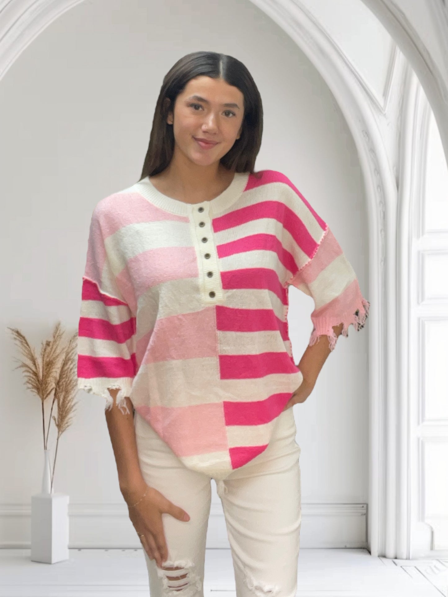 Distressed Color Block Striped Top | Pink