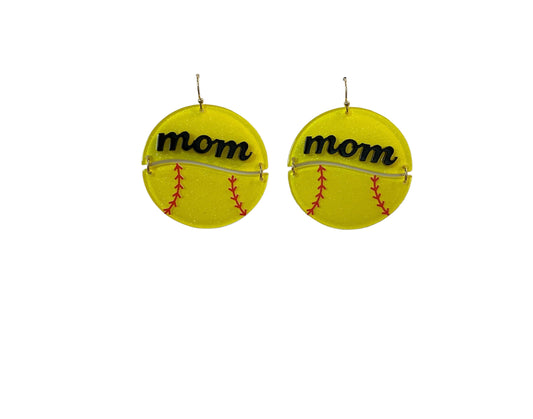 Glitter Resin Mom Softball Dangle Earrings