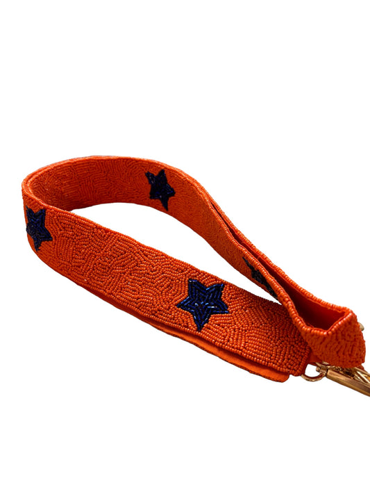 Orange Seed Bead Bag Strap with Blue Stars