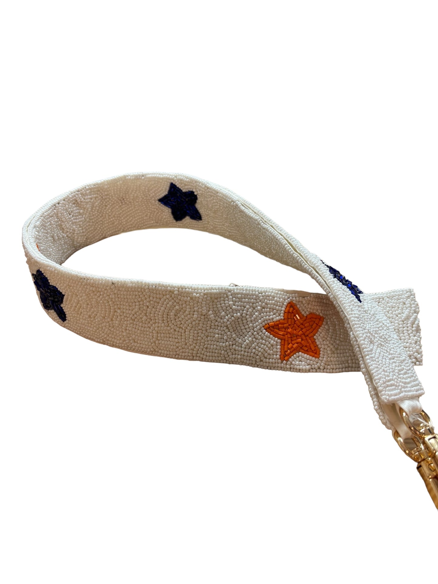 White Seed Bead Bag Strap with Blue and Orange Stars