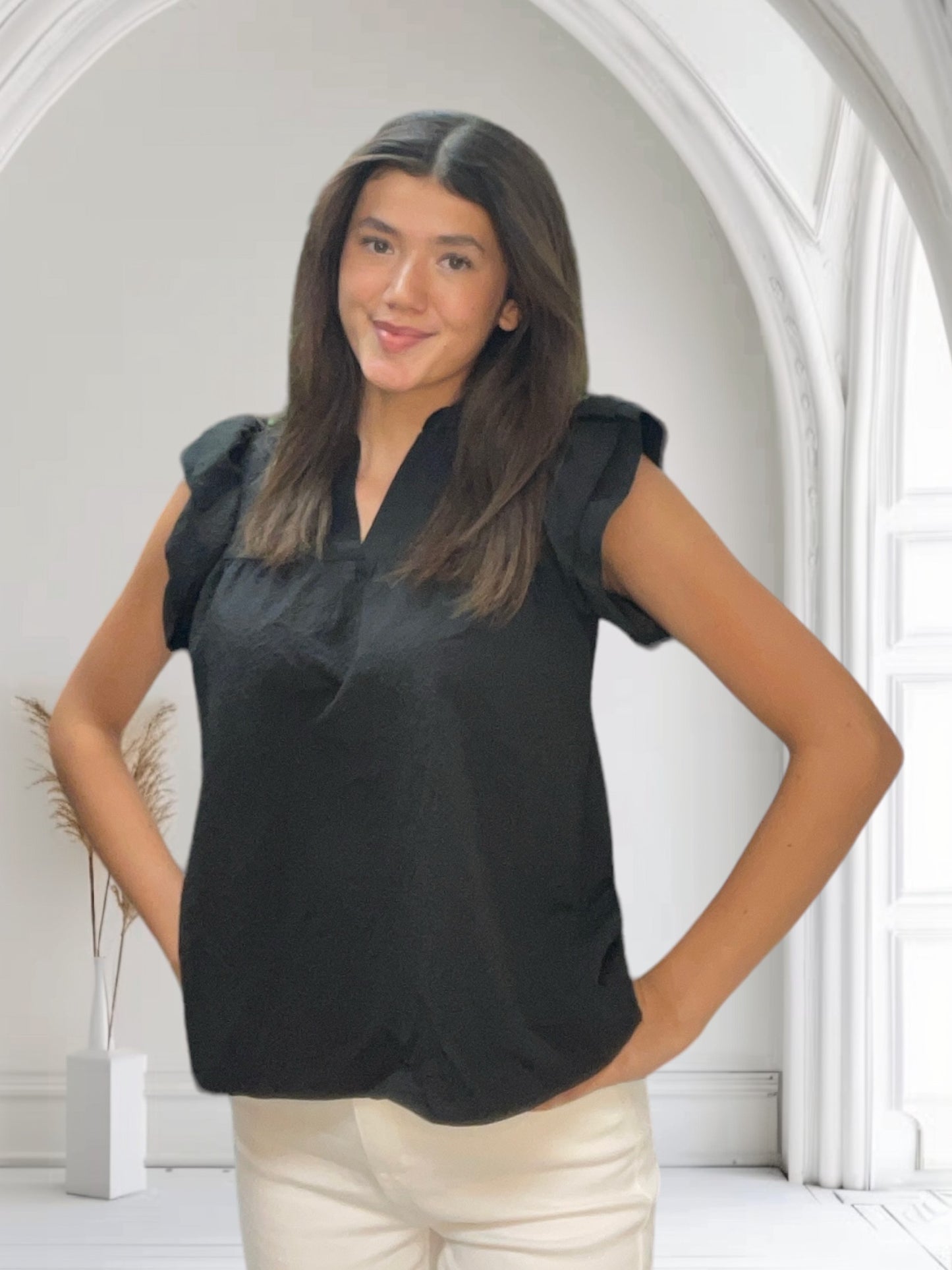 Flutter Sleeve V-Neck Top | Black