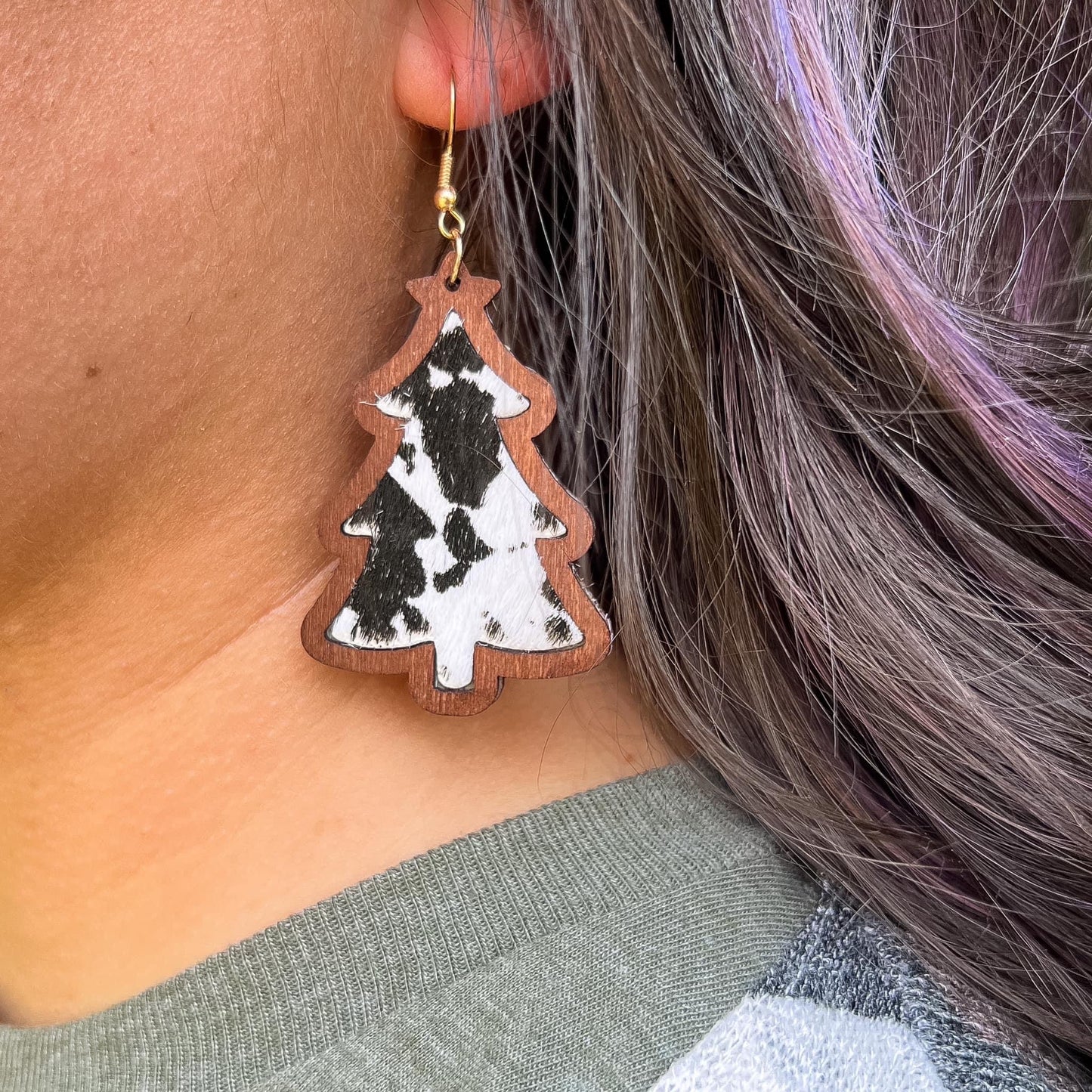 Wooden Cow Christmas Tree Earrings