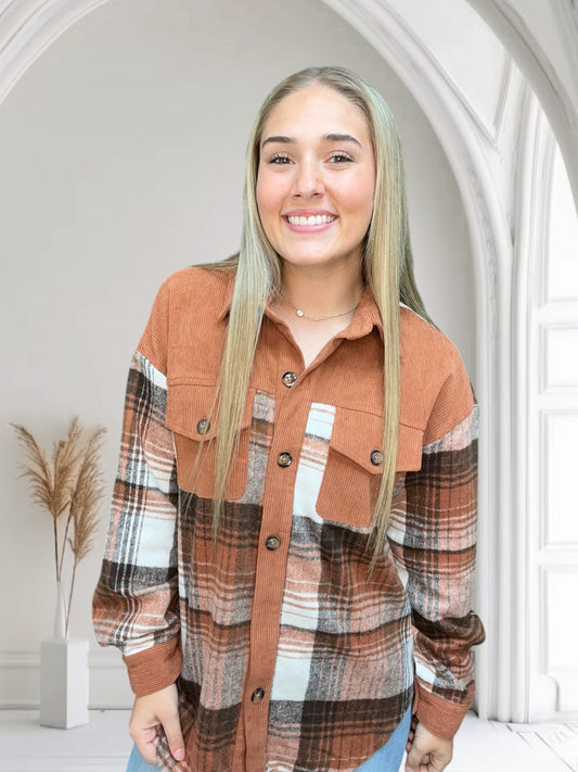 Corduroy Plaid Shacket | Brown