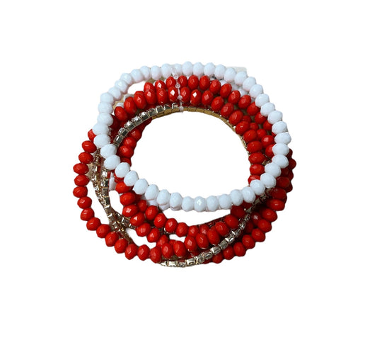 7 Piece Stretch Bead and Rhinestone Bracelet - Red/White