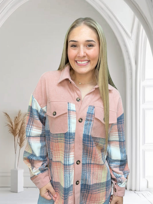 Corduroy Plaid Shacket | Pink