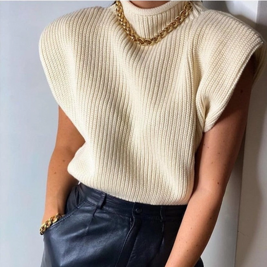 Solid High Neck Sleeveless Sweater - Apricot