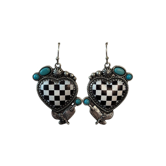 Checkered Heart Western Dangle Earrings | Turquoise