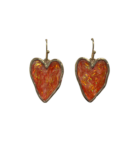 Orange Tinsel Heart Earrings